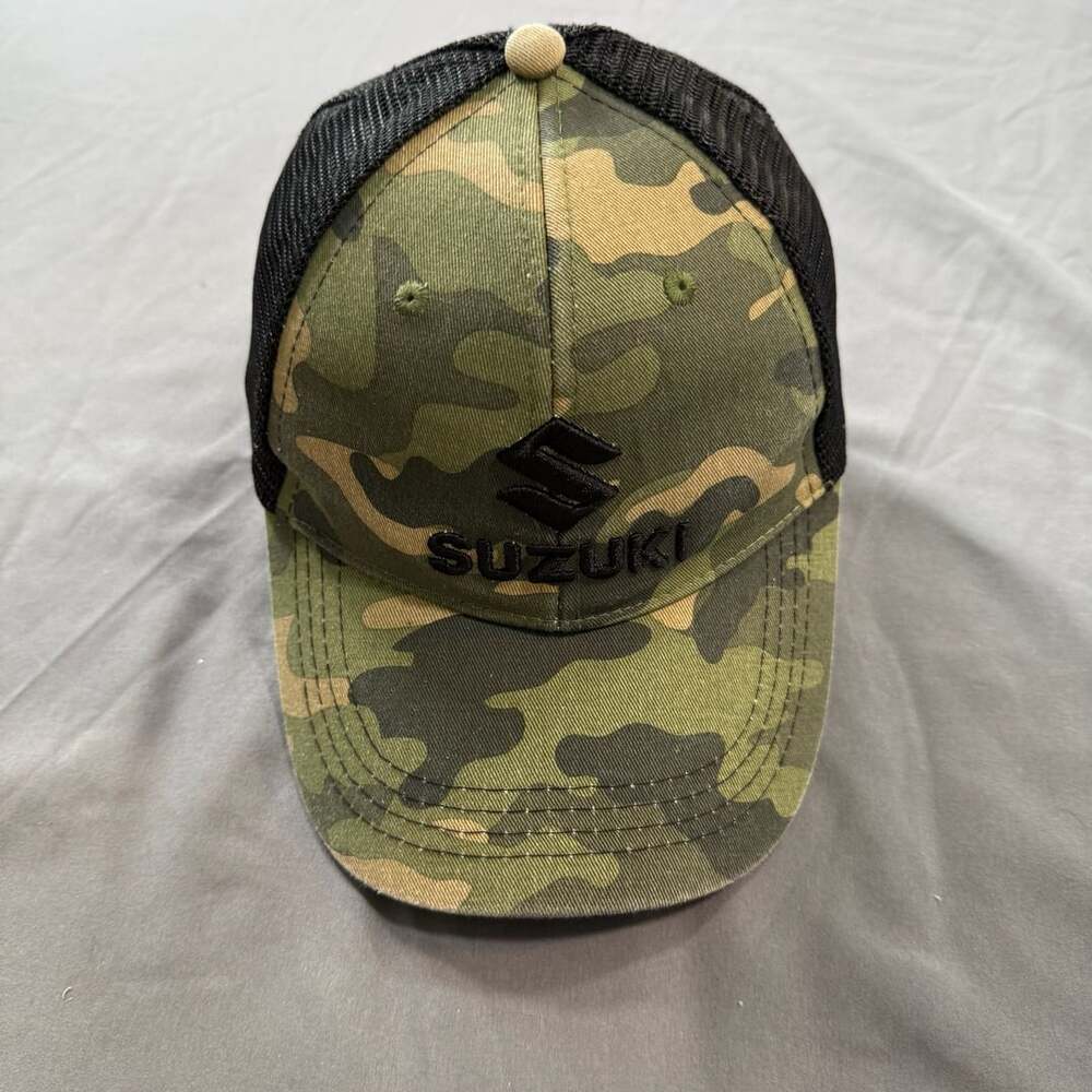 Suzuki Camo Trucker Hat Black Logo Mesh Snapback Motorcycle Powersports Cap